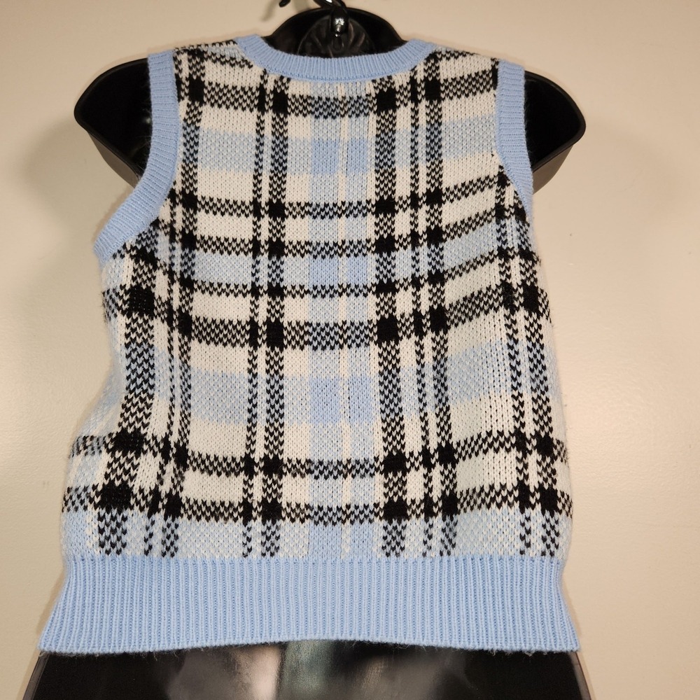 NO BO NO BOUNDARIES Sweater Vest Juniors M White Blue Plaid Preppy Academia Cozy - Picture 10 of 11
